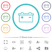 Accumulator outline flat color icons in circle shape outlines. 12 bonus icons included. - Accumulator outline flat color icons in circle shape outlines