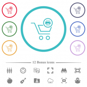 Print cart items flat color icons in circle shape outlines. 12 bonus icons included. - Print cart items flat color icons in circle shape outlines