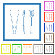 Barbecue tongs and fork and spatula flat color icons in square frames on white background - Barbecue tongs and fork and spatula flat framed icons