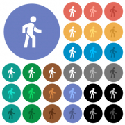 Man walking right multi colored flat icons on round backgrounds. Included white, light and dark icon variations for hover and active status effects, and bonus shades. - Man walking right round flat multi colored icons