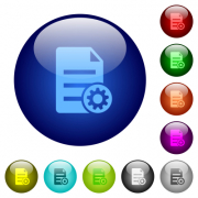Document settings icons on round glass buttons in multiple colors. Arranged layer structure - Document settings color glass buttons