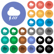 Stormy and downpour weather multi colored flat icons on round backgrounds. Included white, light and dark icon variations for hover and active status effects, and bonus shades. - Stormy and downpour weather round flat multi colored icons