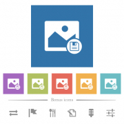 Save image flat white icons in square backgrounds. 6 bonus icons included.