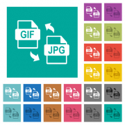 GIF JPG file conversion multi colored flat icons on plain square backgrounds. Included white and darker icon variations for hover or active effects. - GIF JPG file conversion square flat multi colored icons