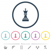 Black chess queen flat color icons in round outlines. 6 bonus icons included. - Black chess queen flat color icons in round outlines