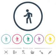 Man walking left flat color icons in round outlines. 6 bonus icons included. - Man walking left flat color icons in round outlines