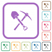 shovel and pickaxe simple icons in color rounded square frames on white background - shovel and pickaxe simple icons