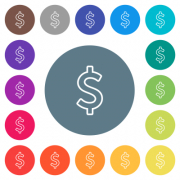 Dollar sign outline flat white icons on round color backgrounds. 17 background color variations are included. - Dollar sign outline flat white icons on round color backgrounds