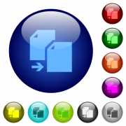 Copy document solid icons on round glass buttons in multiple colors. Arranged layer structure - Copy document solid color glass buttons