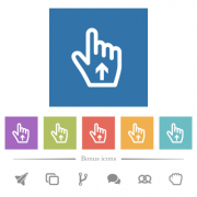 Hand cursor up outline flat white icons in square backgrounds. 6 bonus icons included. - Hand cursor up outline flat white icons in square backgrounds