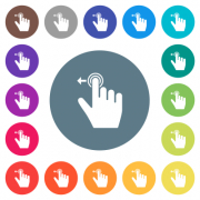 Right handed slide left gesture flat white icons on round color backgrounds. 17 background color variations are included. - Right handed slide left gesture flat white icons on round color backgrounds
