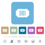 Ticket with barcode white flat icons on color rounded square backgrounds. 6 bonus icons included - Ticket with barcode flat icons on color rounded square backgrounds