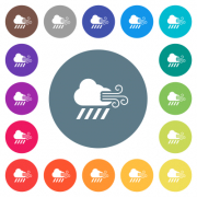 Windy and downpour weather flat white icons on round color backgrounds. 17 background color variations are included. - Windy and downpour weather flat white icons on round color backgrounds