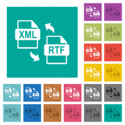 XML RTF file conversion multi colored flat icons on plain square backgrounds. Included white and darker icon variations for hover or active effects. - XML RTF file conversion square flat multi colored icons