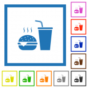 Fast food menu with cheeseburger and drink solid flat color icons in square frames on white background - Fast food menu with cheeseburger and drink solid flat framed icons