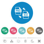 PNG ICO file conversion flat white icons on round color backgrounds. 6 bonus icons included.