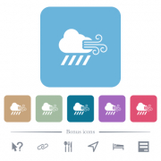 Windy and downpour weather white flat icons on color rounded square backgrounds. 6 bonus icons included - Windy and downpour weather flat icons on color rounded square backgrounds