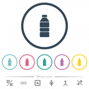 Water bottle solid flat color icons in round outlines. 6 bonus icons included. - Water bottle solid flat color icons in round outlines