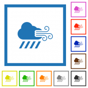 Windy and downpour weather flat color icons in square frames on white background - Windy and downpour weather flat framed icons