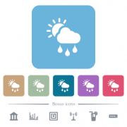 Sunny and rainy weather white flat icons on color rounded square backgrounds. 6 bonus icons included - Sunny and rainy weather flat icons on color rounded square backgrounds
