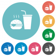 Fast food menu with cheeseburger and drink solid flat white icons on round color backgrounds - Fast food menu with cheeseburger and drink solid flat round icons