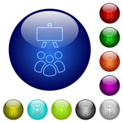 Classroom outline icons on round glass buttons in multiple colors. Arranged layer structure - Classroom outline color glass buttons