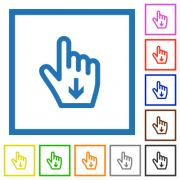 Hand cursor down outline flat color icons in square frames on white background - Hand cursor down outline flat framed icons