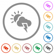 Sunny and stormy weather flat color icons in round outlines on white background - Sunny and stormy weather flat icons with outlines