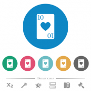 Ten of hearts card flat white icons on round color backgrounds. 6 bonus icons included. - Ten of hearts card flat round icons