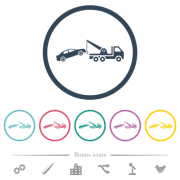 Car towing flat color icons in round outlines. 6 bonus icons included. - Car towing flat color icons in round outlines