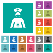 Covid nurse with mask multi colored flat icons on plain square backgrounds. Included white and darker icon variations for hover or active effects. - Covid nurse with mask square flat multi colored icons