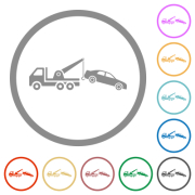 Car towing flat color icons in round outlines on white background - Car towing flat icons with outlines