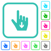 Hand cursor down solid vivid colored flat icons in curved borders on white background - Hand cursor down solid vivid colored flat icons