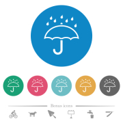 Umbrella with rain outline flat white icons on round color backgrounds. 6 bonus icons included. - Umbrella with rain outline flat round icons