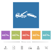 Car towing flat white icons in square backgrounds. 6 bonus icons included. - Car towing flat white icons in square backgrounds