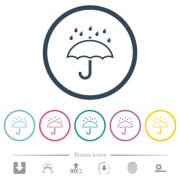 Umbrella with rain outline flat color icons in round outlines. 6 bonus icons included. - Umbrella with rain outline flat color icons in round outlines