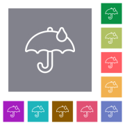 Umbrella with single raindrop outline flat icons on simple color square backgrounds - Umbrella with single raindrop outline square flat icons