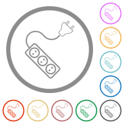Portable electrical outlet with three sockets and extension cord and plug solid flat color icons in round outlines on white background - Portable electrical outlet with three sockets and extension cord and plug solid flat icons with outlines