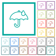 Umbrella with single raindrop outline flat color icons with quadrant frames on white background - Umbrella with single raindrop outline flat color icons with quadrant frames