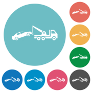 Car towing flat white icons on round color backgrounds - Car towing flat round icons