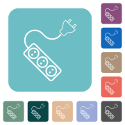 Portable electrical outlet with three sockets and extension cord and plug solid white flat icons on color rounded square backgrounds - Portable electrical outlet with three sockets and extension cord and plug solid rounded square flat icons