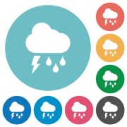 Stormy weather flat white icons on round color backgrounds - Stormy weather flat round icons