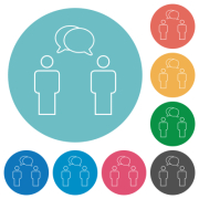 Two talking persons with oval bubbles outline flat white icons on round color backgrounds - Two talking persons with oval bubbles outline flat round icons