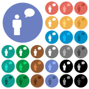 One talking person with oval bubble solid multi colored flat icons on round backgrounds. Included white, light and dark icon variations for hover and active status effects, and bonus shades. - One talking person with oval bubble solid round flat multi colored icons