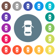 Car open front doors dashboard indicator flat white icons on round color backgrounds. 17 background color variations are included.