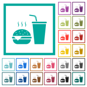 Fast food menu with cheeseburger and drink solid flat color icons with quadrant frames on white background - Fast food menu with cheeseburger and drink solid flat color icons with quadrant frames