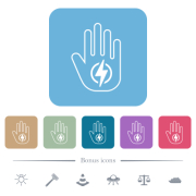 Hand shaped electricity energy sanction sign outline white flat icons on color rounded square backgrounds. 6 bonus icons included - Hand shaped electricity energy sanction sign outline flat icons on color rounded square backgrounds