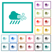 Windy and downpour weather flat color icons with quadrant frames on white background - Windy and downpour weather flat color icons with quadrant frames
