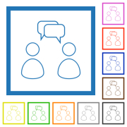 Two talking persons with rounded square bubbles outline flat color icons in square frames on white background - Two talking persons with rounded square bubbles outline flat framed icons