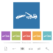 Car towing flat white icons in square backgrounds. 6 bonus icons included. - Car towing flat white icons in square backgrounds